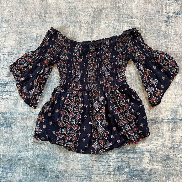 Hollister Navy Blue Boho Stretchy Off The Shoulder Peasant Style Blouse XS - Picture 1 of 9